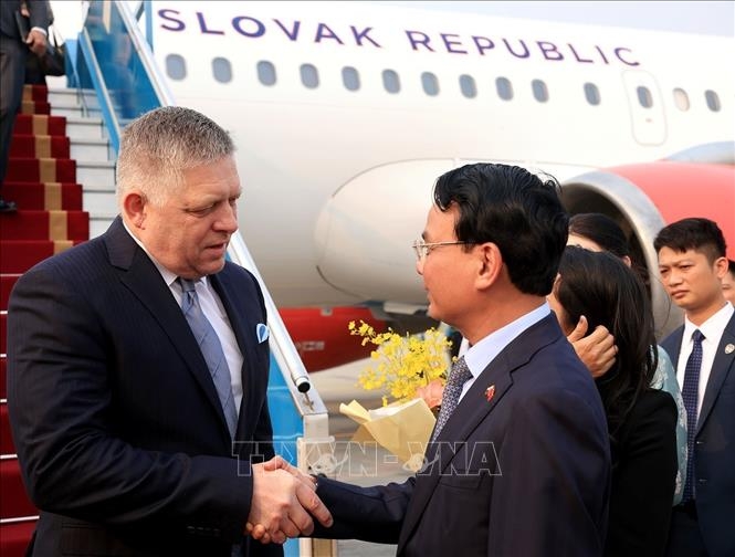 Bộ trưởng, Chủ nhiệm Văn phòng Chính phủ Đặng Xuân Phong đón Thủ tướng Slovakia Robert Fico tại Sân bay quốc tế Nội Bài. Ảnh: TTXVN