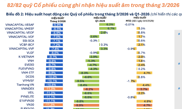 Toàn bộ 82/82 quỹ cổ phiếu hiệu suất âm trong tháng 3 khi VN-Index 