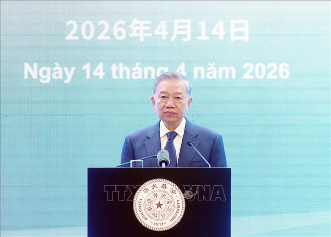 Tổng Bí thư, Chủ tịch nước Tô Lâm phát biểu chính sách tại Đại học Thanh Hoa. Ảnh: TTXVN