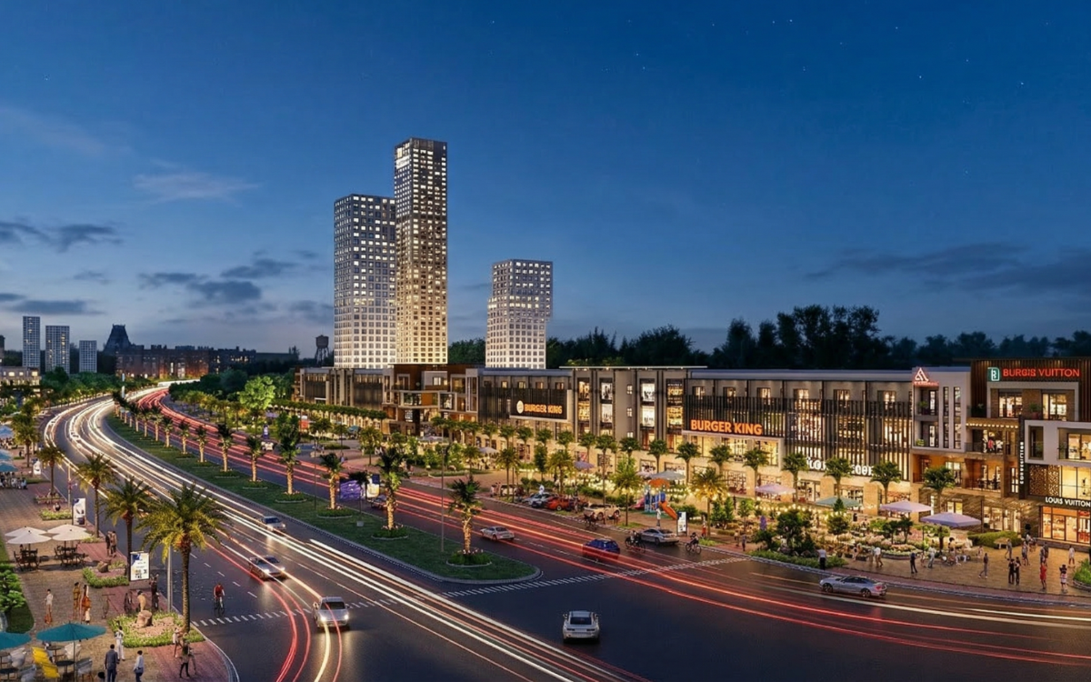 Shophouse đại lộ The Greenery 2 mặt tiền đại lộ Bắc - Nam VSIP kết nối trực tiếp đại lộ Lê Hồng Phong qua cầu Nguyễn Trãi. Ảnh phối cảnh.