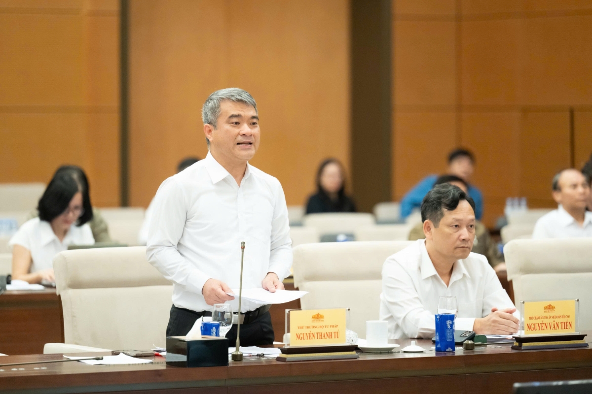 Thứ trưởng Bộ Tư pháp Nguyễn Thanh Tú trình bày Báo cáo tiếp thu, giải trình và chỉnh lý dự thảo Nghị quyết. Ảnh: Quốc hội.