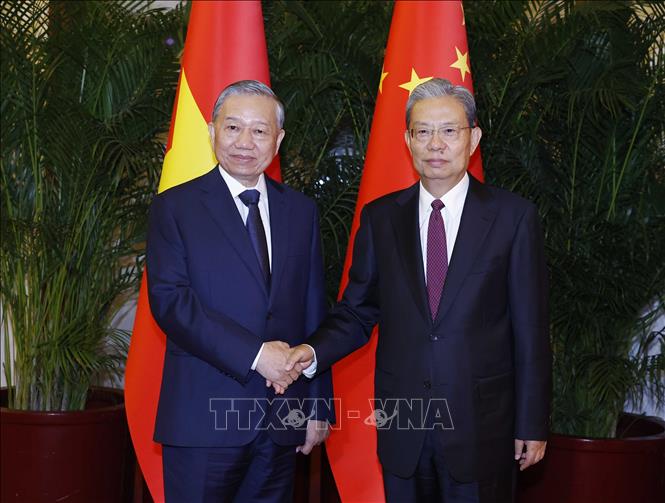 Tổng Bí thư, Chủ tịch nước Tô Lâm hội kiến Ủy viên trưởng Nhân đại toàn quốc Trung Quốc Triệu Lạc Tế. Ảnh:TTXVN