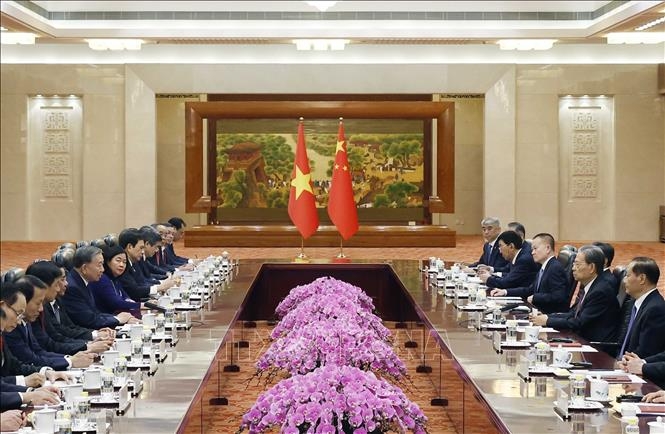 Tổng Bí thư, Chủ tịch nước Tô Lâm đã hội kiến Ủy viên trưởng Ủy ban Thường vụ Đại hội Đại biểu Nhân dân toàn quốc Trung Quốc Triệu Lạc Tế. Ảnh: TTXVN