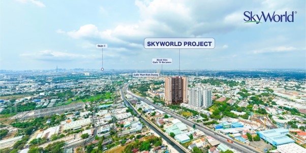 Dự án SkyWorld nằm trên trục Quốc lộ 13 thuộc phường Lái Thiêu, TP.HCM thừa hưởng hệ tiện ích ngoại khu đủ đầy. Ảnh:&nbsp;SkyWorld.
