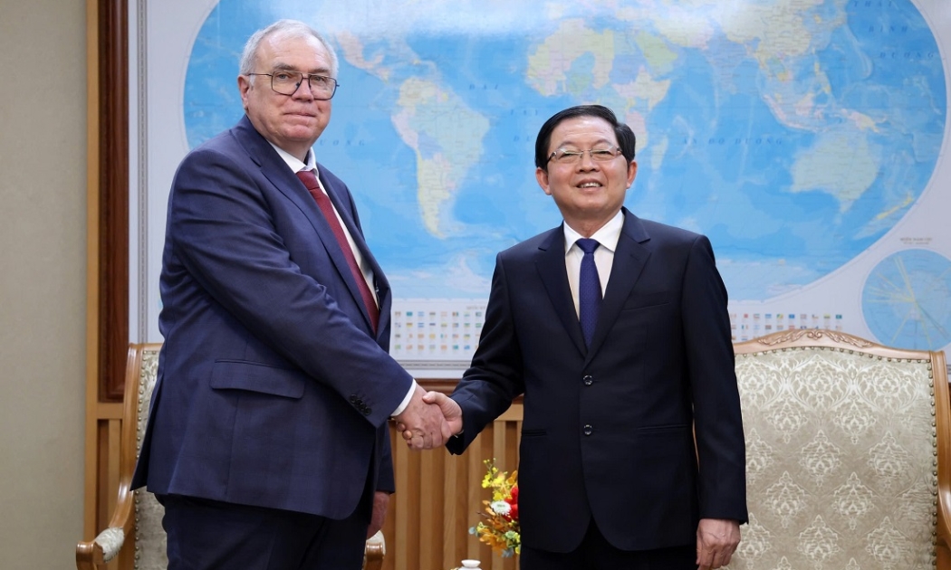 Phó Thủ tướng Hồ Quốc Dũng tiếp Phó Tổng Giám đốc Cơ quan Năng lượng nguyên tử Quốc tế (IAEA) Mikhail Chudakov. Ảnh: VGP.