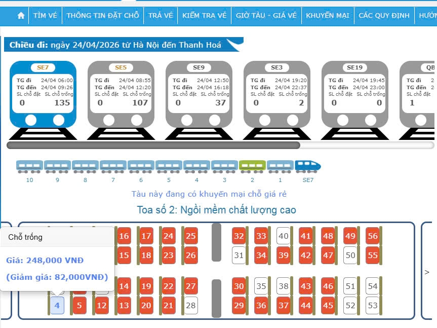 Trên đoàn tàu SE7 hành trình Hà Nội-Thanh Hóa: Tại toa số 2 (ngồi mềm chất lượng cao), vị trí ghế số 4 có giá vé đã giảm là 248.000 đồng (tiết kiệm được 82.000 đồng cho hành khách).