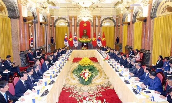 Bí thư, Chủ tịch nước Tô Lâm hội đàm với Tổng thống Hàn Quốc Lee Jae Myung. Ảnh: TTXVN