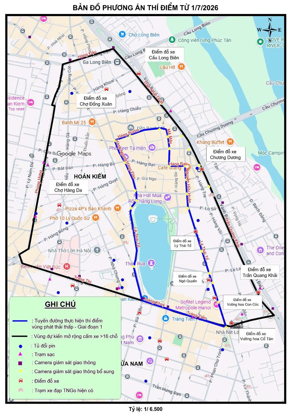 Bản đồ phương án thí điểm triển khai vùng phát thải thấp từ 1/7/2026 tại vùng lõi phường Hoàn Kiếm