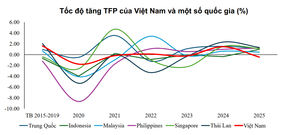 Ấn phẩm Đánh giá kinh tế Việt Nam thường niên năm 2025 của Đại học Kinh tế Quốc dân chỉ ra rằng đóng góp của năng suất các nhân tố tổng hợp (TFP) vào tăng trưởng đã chuyển sang mức âm.