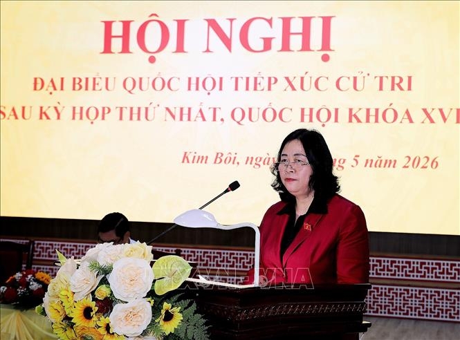 Bà Bùi Thị Minh Hoài, Ủy viên Bộ Chính trị, Bí thư Trung ương Đảng, Chủ tịch Ủy ban Mặt trận Tổ quốc Việt Nam, kết luận tại hội nghị. Ảnh: TTXVN.
