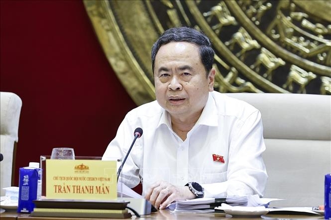 Chủ tịch Quốc hội Trần Thanh Mẫn, Trưởng ban Ban Chỉ đạo về tổng rà soát hệ thống văn bản quy phạm pháp luật phát biểu. Ảnh: TTXVN.