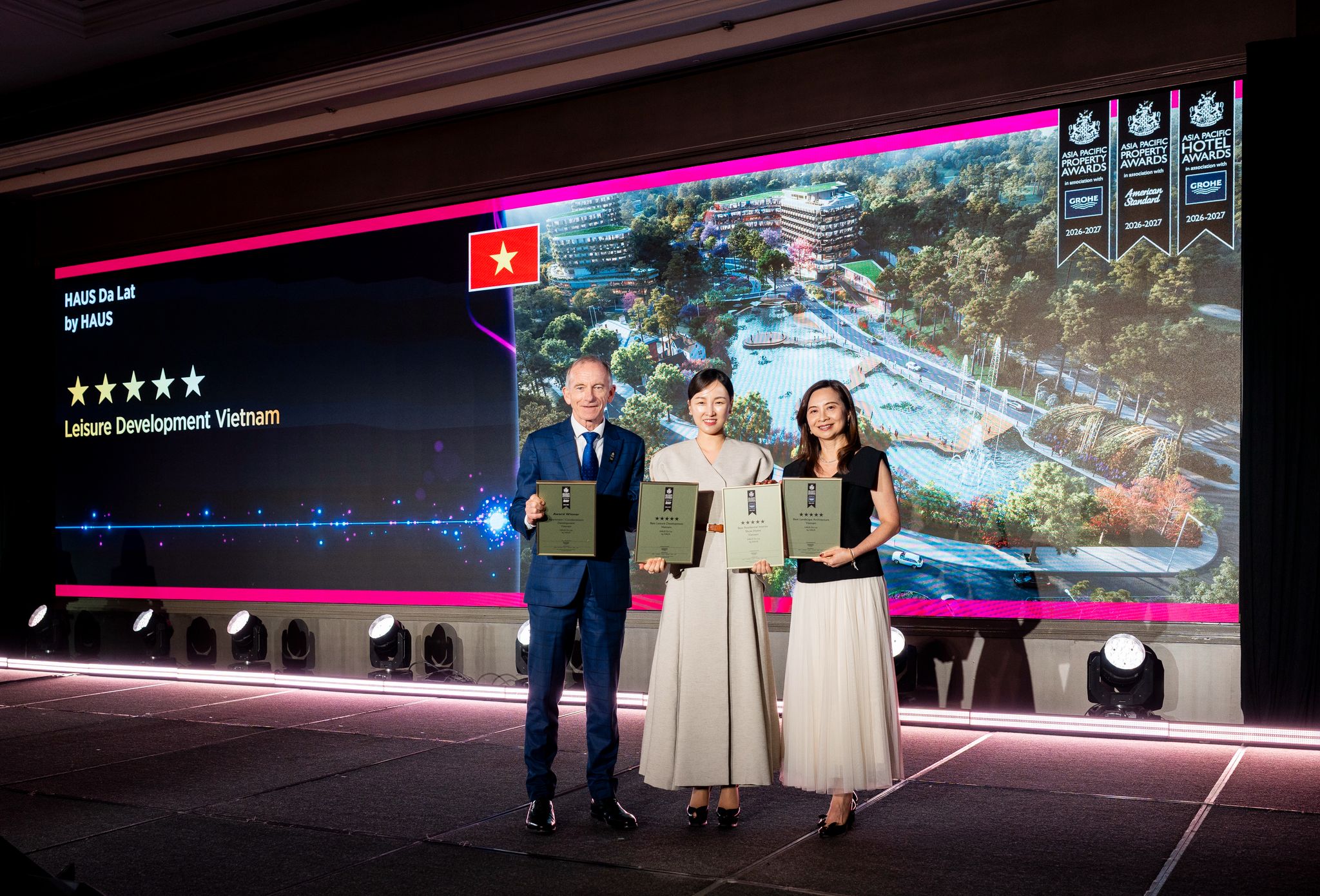 Ms. Sasha Park, HAUS Global Chief Marketing Communications Officer, accepting four awards at the International Property Awards 2026