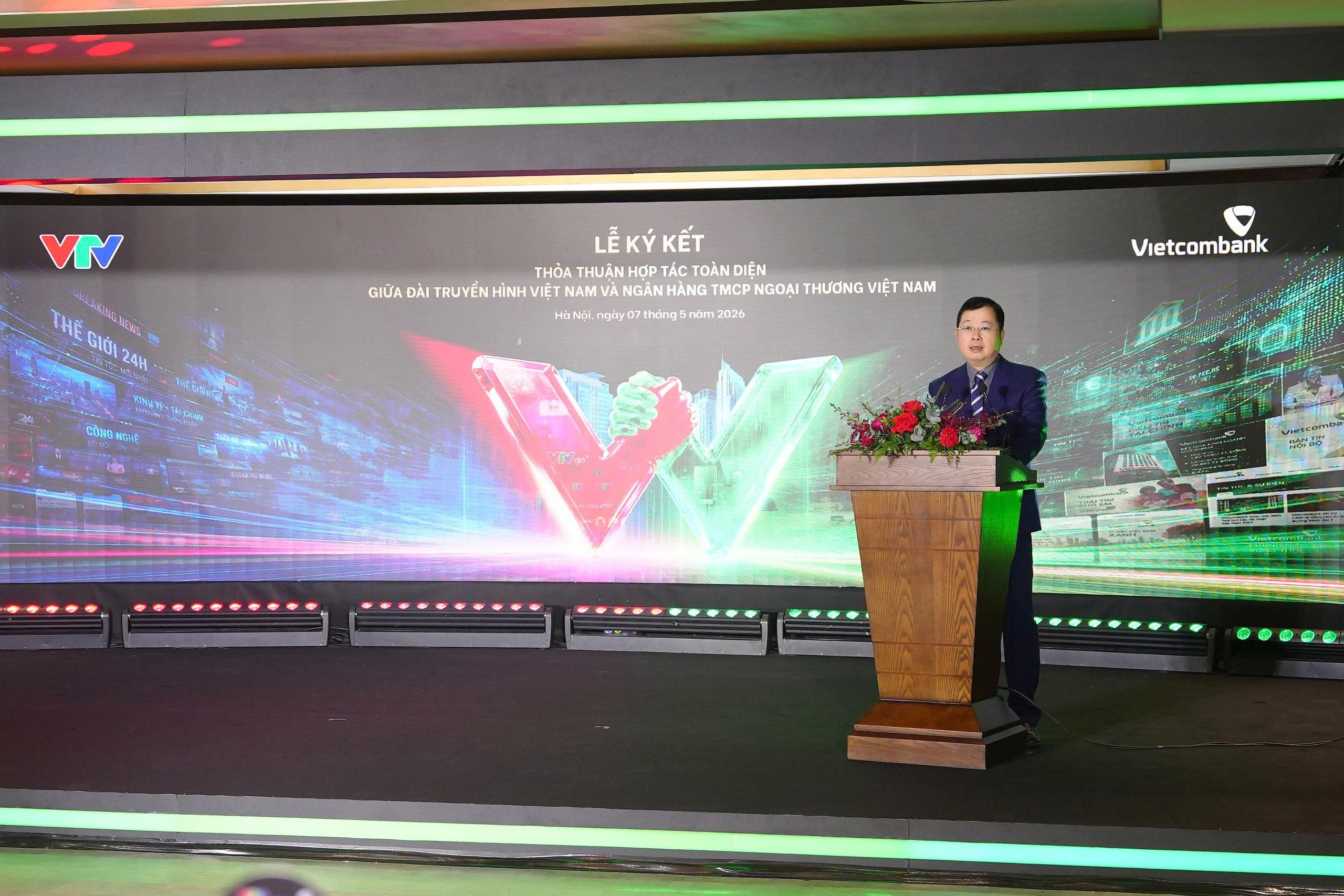 Ông Nguyễn Thanh Lâm - Ủy viên BCH Trung ương Đảng, Phó Trưởng ban Tuyên giáo và Dân vận Trung ương, Bí thư Đảng ủy,  Tổng giám đốc VTV phát biểu tại lễ ký kết. Ảnh: Vietcombank.