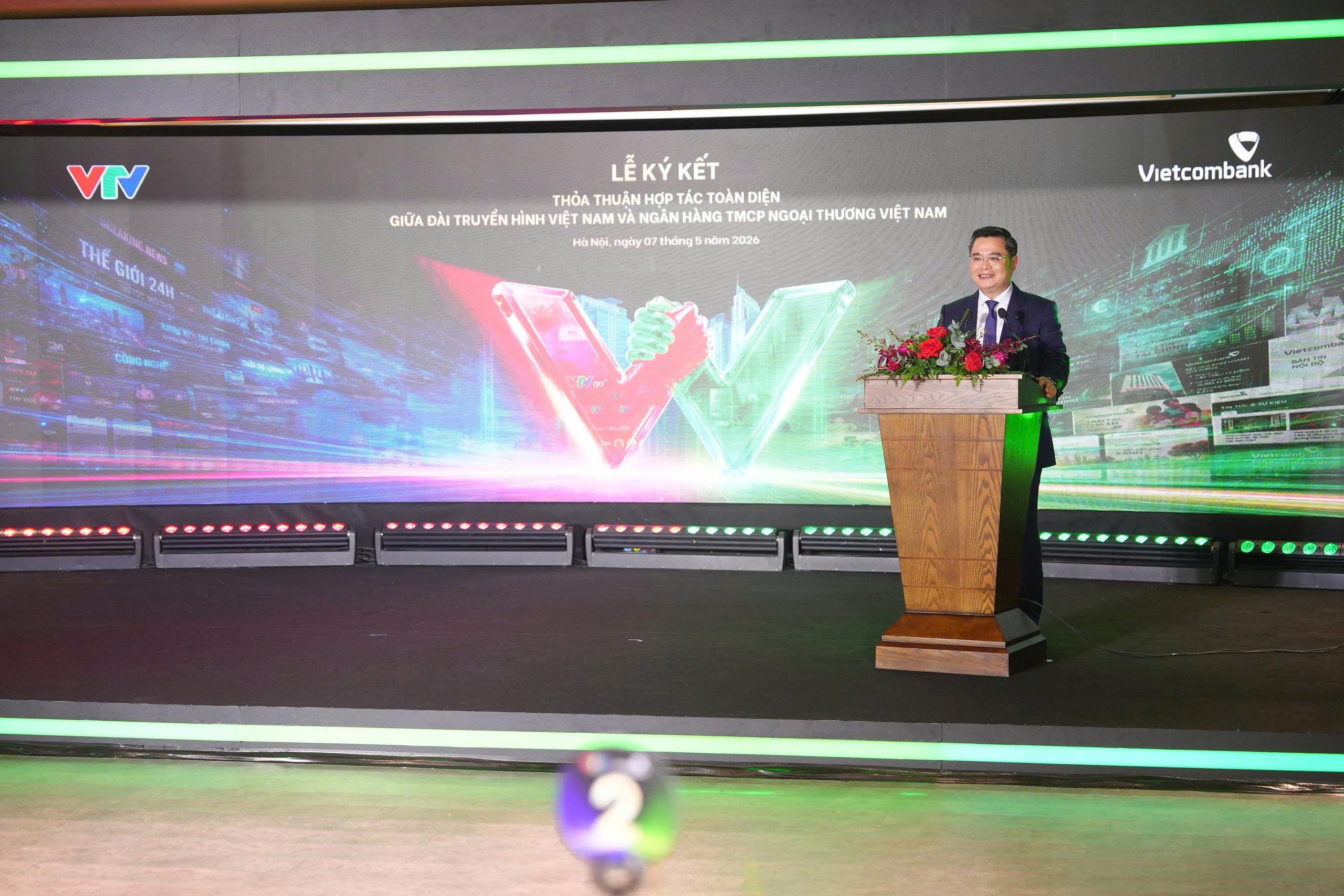 Ông Nguyễn Thanh Tùng - Bí thư Đảng ủy, Chủ tịch HĐQT Vietcombank, Đại biểu Quốc hội khóa XVI phát biểu tại lễ ký kết. Ảnh: Vietcombank.