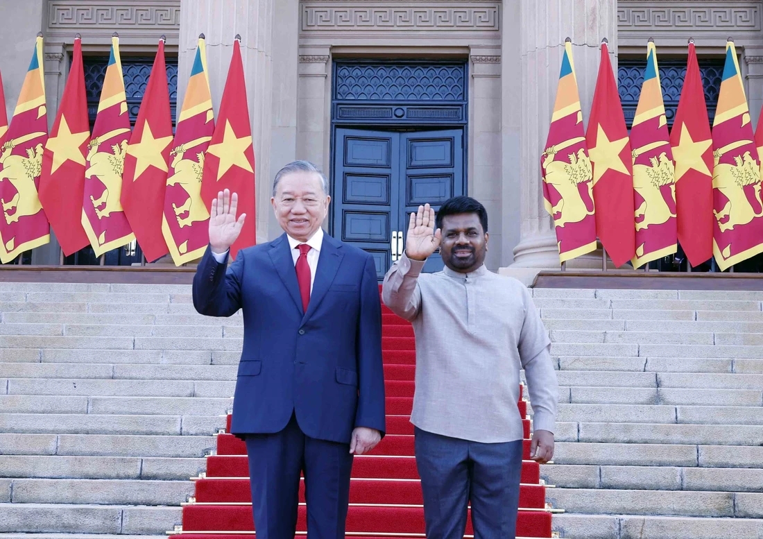 Tổng thống Sri Lanka Anura Kumara Dissanayake chủ trì lễ đón Tổng Bí thư, Chủ tịch nước Tô Lâm - Ảnh: TTXVN