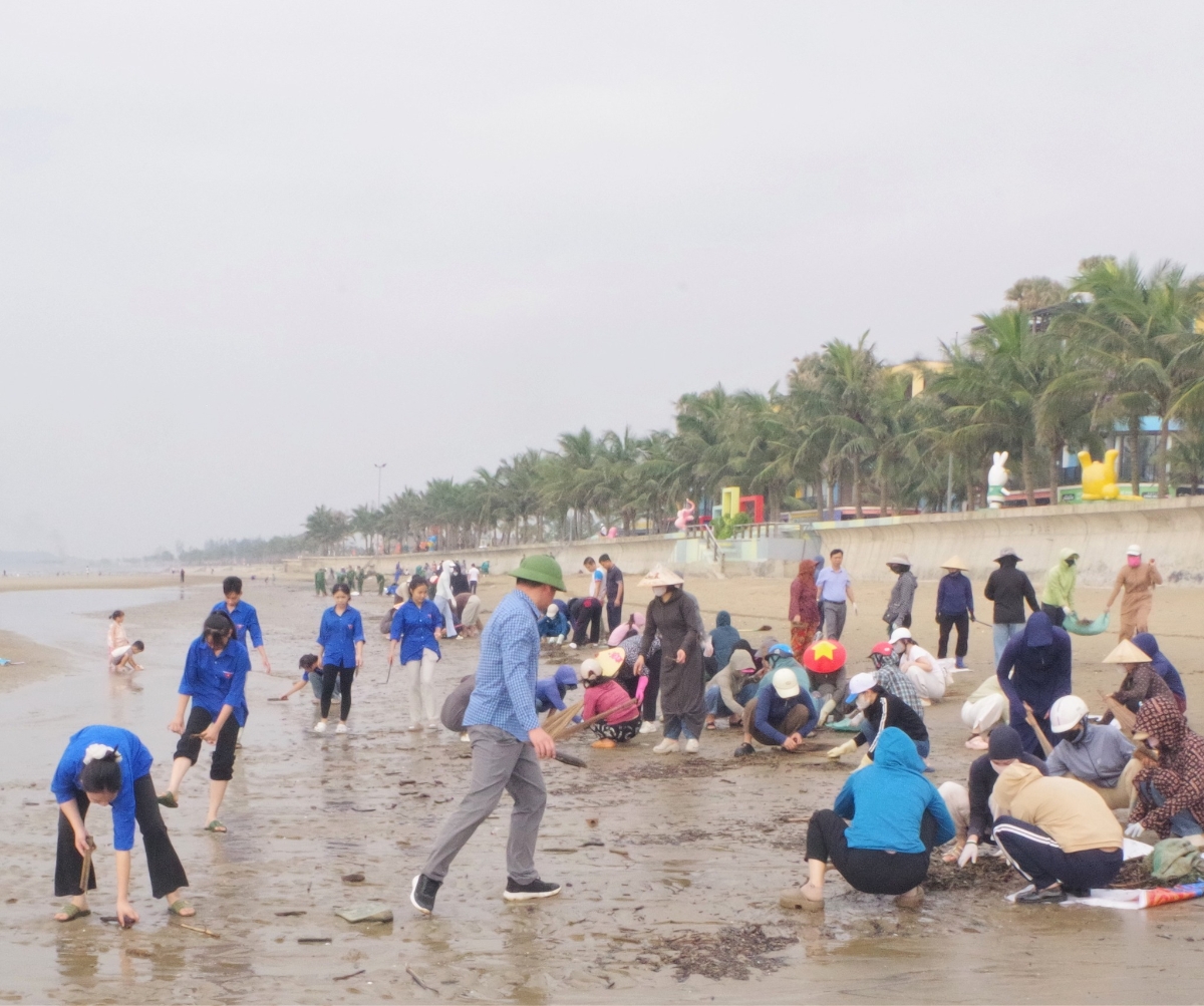 Nhiều lực lượng đoàn thể cùng người dân địa phương tham gia thu gom gốc cây, rác thải dọc bãi biển Hải Tiến