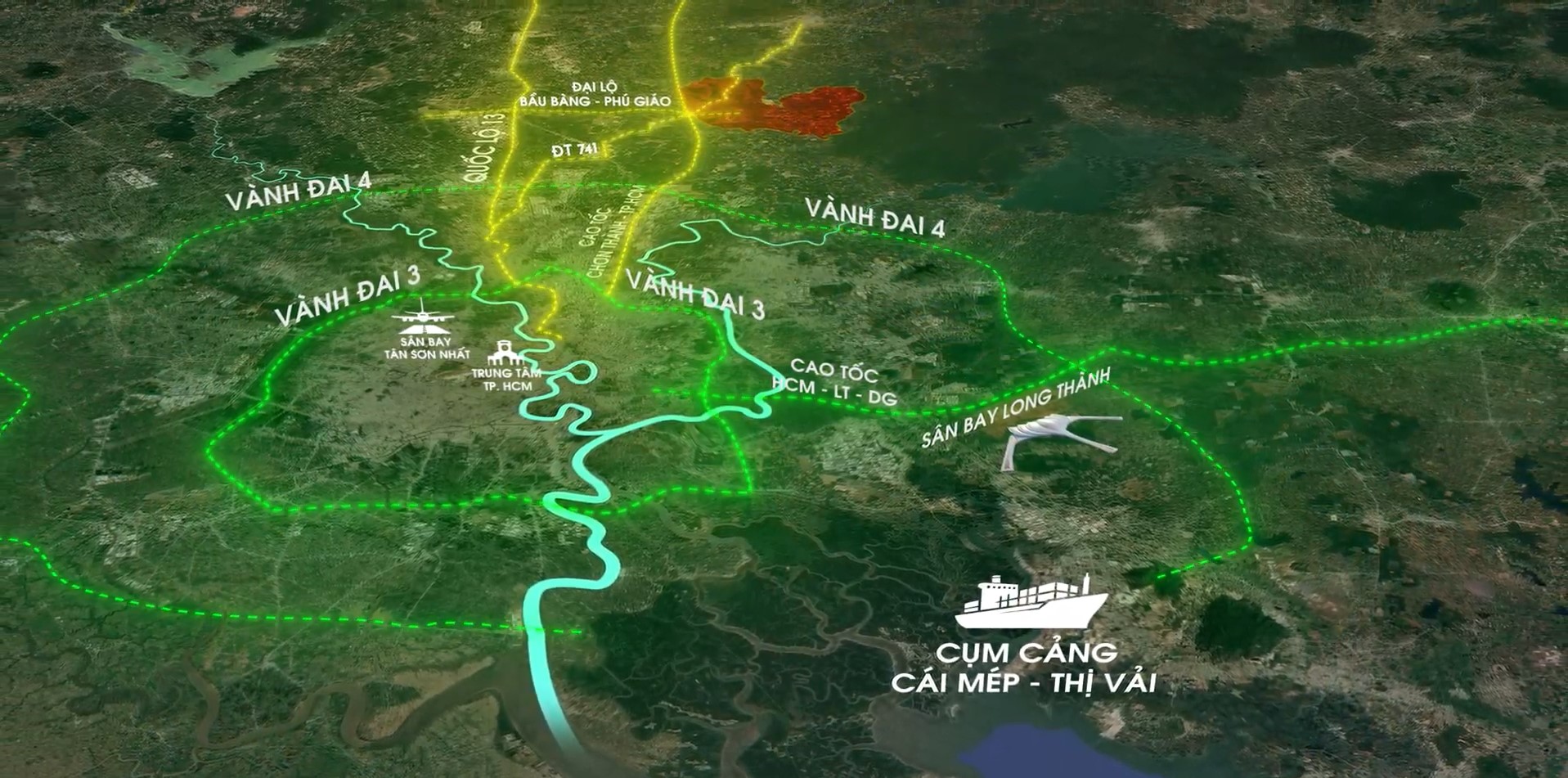 Siêu mạng lưới logistic dẫn dắt hàng hóa từ Tây Nguyên thông qua ĐT 741, đi qua thủ phủ công nghiệp Bắc TP.HCM và đến thẳng cảng biển hay sân bay quốc tế thông qua CT TP.HCM-Chơn Thành và Vành đai 4. Ảnh: từ Chủ đầu tư Phương Trường An.