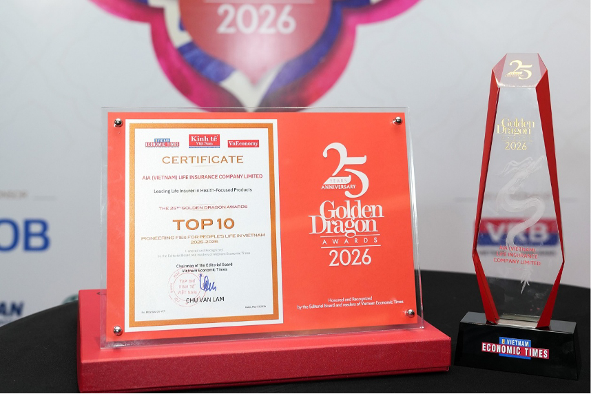 AIA Vietnam was honored among the Top 10 Pioneering FIFs for People’s Life in Vietnam 2025–2026 and honored with the title of “Leading Life Insurer In Health-Focused Products”