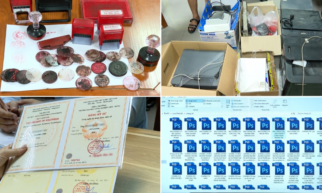 Công cụ, phương tiện của các đối tượng sử dụng để làm giấy tờ giả. Ảnh: Cổng thông tin điện tử Công an tỉnh Bắc Ninh.
