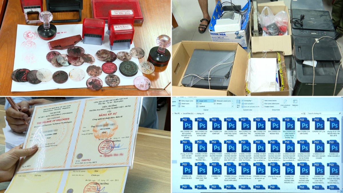 Công cụ, phương tiện của các đối tượng sử dụng để làm giấy tờ giả. Ảnh: Cổng thông tin điện tử Công an tỉnh Bắc Ninh.