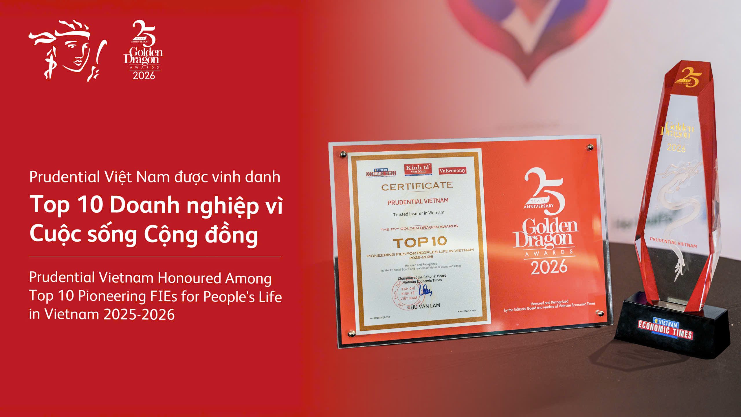 Prudential Việt Nam được vinh danh Top 10 Doanh nghiệp vì Cuộc sống Cộng đồng.