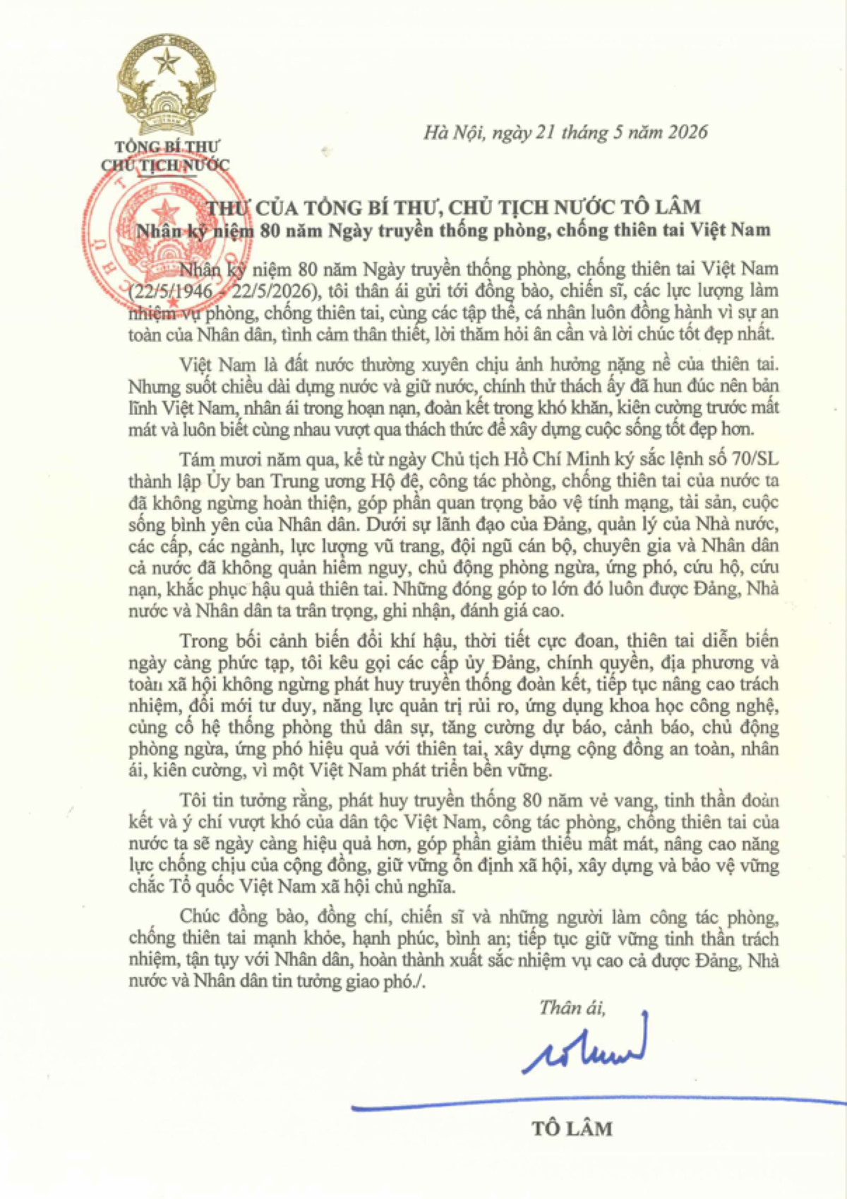 Thư của Tổng Bí thư, Chủ tịch nước Tô Lâm.