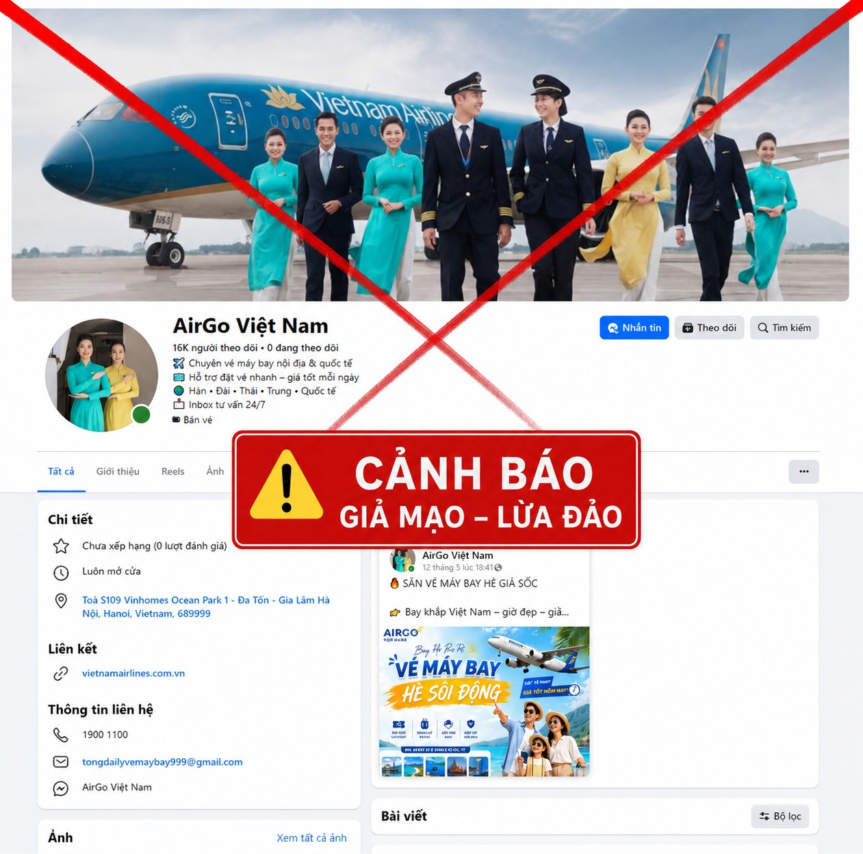 Hiện nay xuất hiện một số fanpage giả mạo thương hiệu Air Go với mục đích bán vé máy bay lừa đảo, gây ảnh hưởng đến quyền lợi và tài sản của khách hàng.