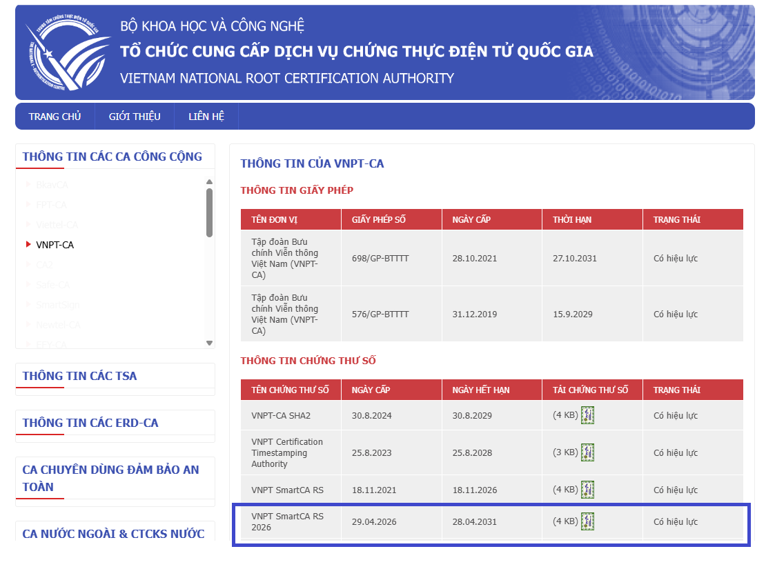 Công bố chứng thư số của VNPT SmartCA tại trang thông tin điện tử  httpsrootca.gov.vn. 