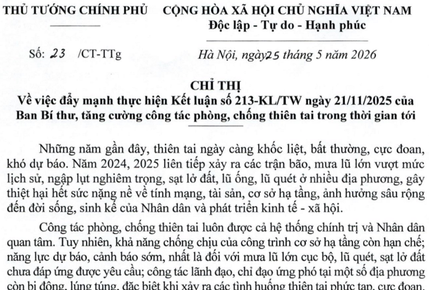 Chỉ thị của Thủ tướng Chính phủ.