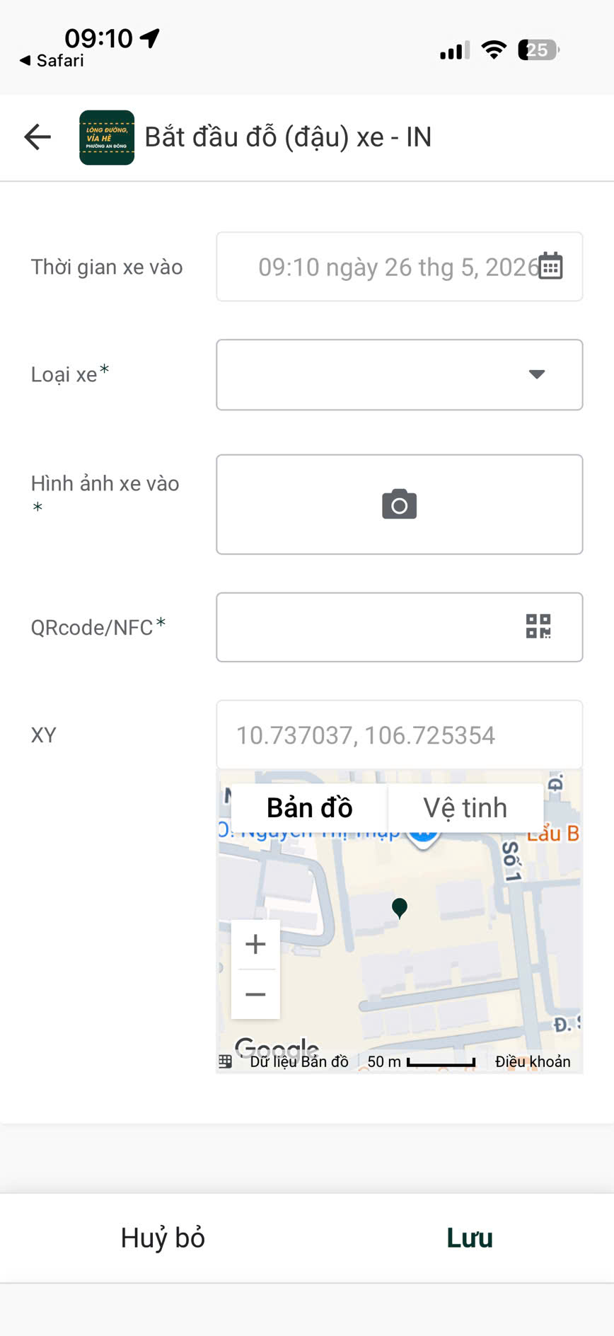 Giao diện Đăng ký để xe ô tô của ứng dụng 