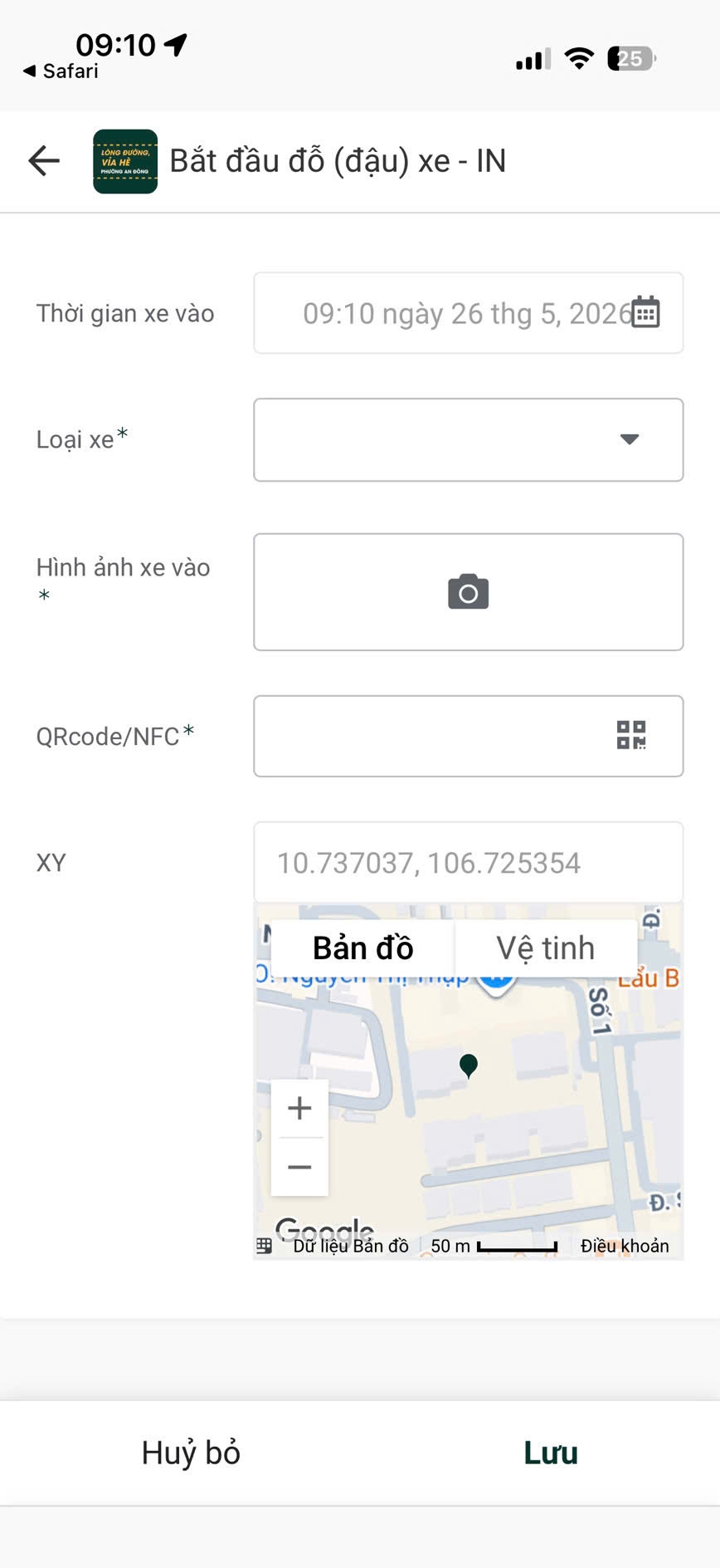 Giao diện Đăng ký để xe ô tô của&nbsp;ứng dụng 