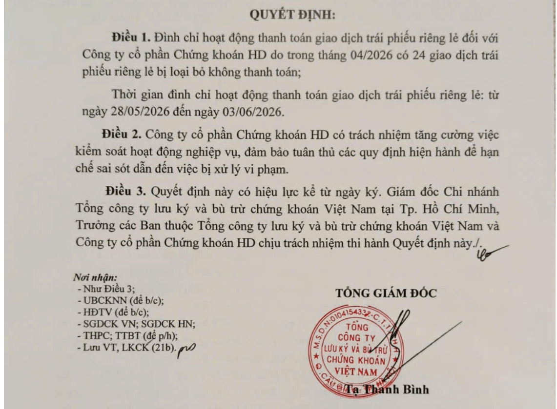 Chứng khoán HD bị đình chỉ hoạt động giao dịch trái phiếu riêng lẻ - Ảnh 1
