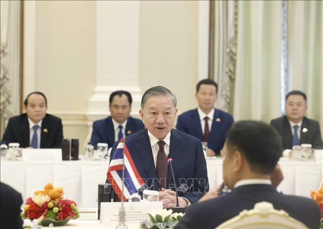 Tổng Bí thư, Chủ tịch nước Tô Lâm phát biểu tại cuộc hội đàm chính thức với Thủ tướng Thái Lan Anutin Charnvirakul. Ảnh: TTXVN