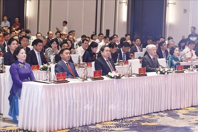 Chủ tịch Quốc hội Trần Thanh Mẫn và Thường trực Ban Bí thư cùng các đại biểu dự hội nghị.&nbsp;Ảnh: TTXVN.