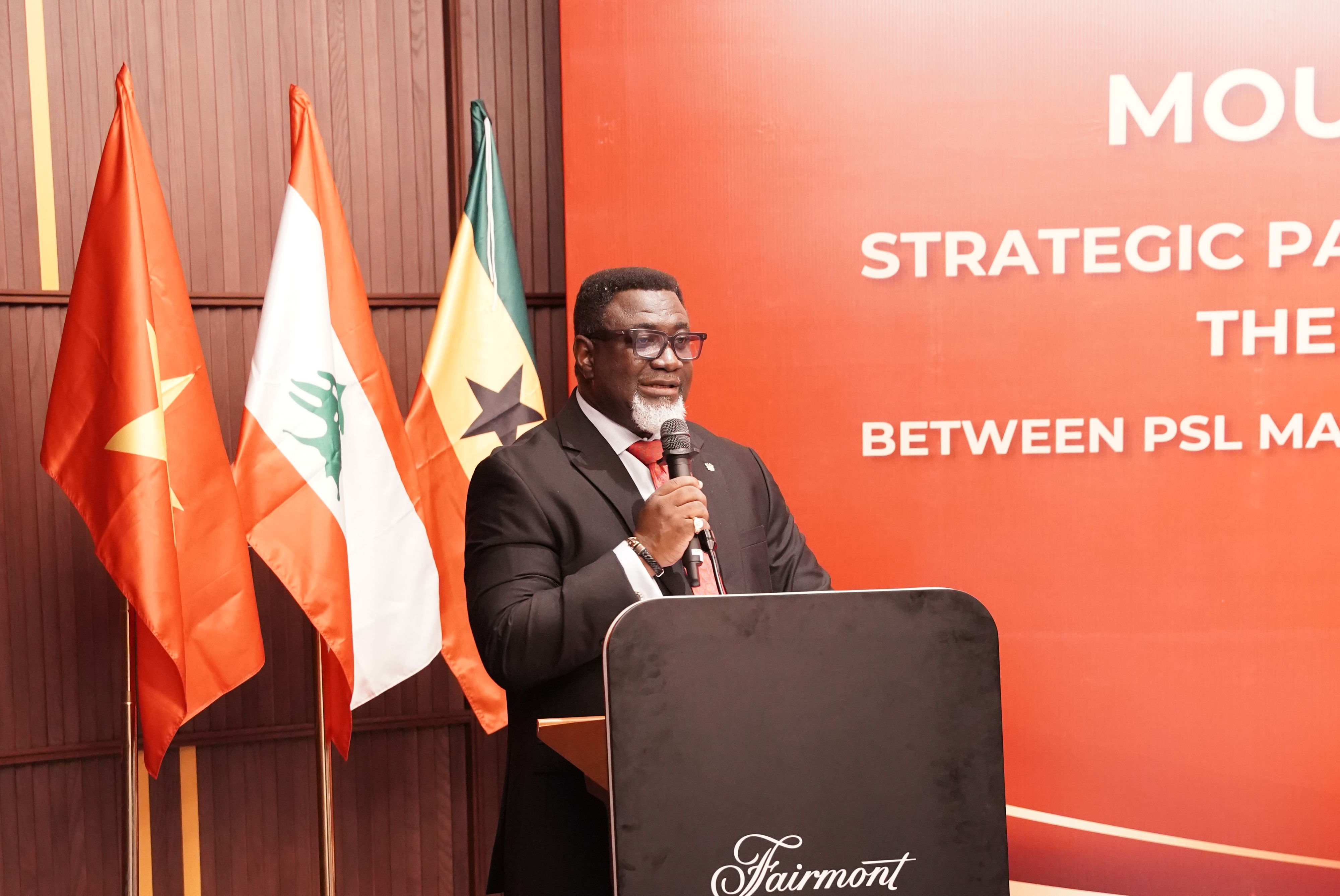 Dr. Andrews Osei Okrah, CEO of the Tree Crops Development Authority (TCDA), delivers remarks at the PPP signing ceremony between PSL Machinery and TCDA.