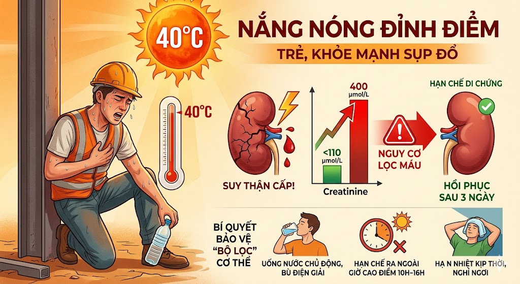 Nắng nóng gay gắt không chỉ gây mệt mỏi hay say nắng, mà còn tiềm ẩn nguy cơ tổn thương thận cấp tính. Ảnh: Bệnh viện Bạch Mai.