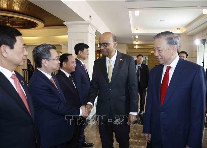 Tổng Bí thư, Chủ tịch nước Tô Lâm giới thiệu với Tổng thống Singapore Tharman Shanmugaratnam thành viên đoàn đại biểu cấp cao Việt Nam dự Lễ đón. Ảnh: TTXVN.