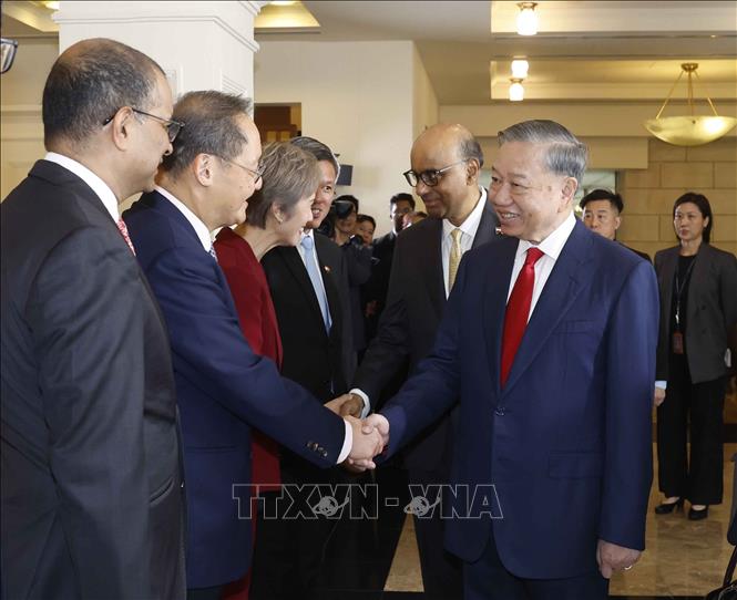 Tổng Bí thư, Chủ tịch nước Tô Lâm với thành viên đoàn đại biểu cấp cao Singapore dự Lễ đón. Ảnh: TTXVN