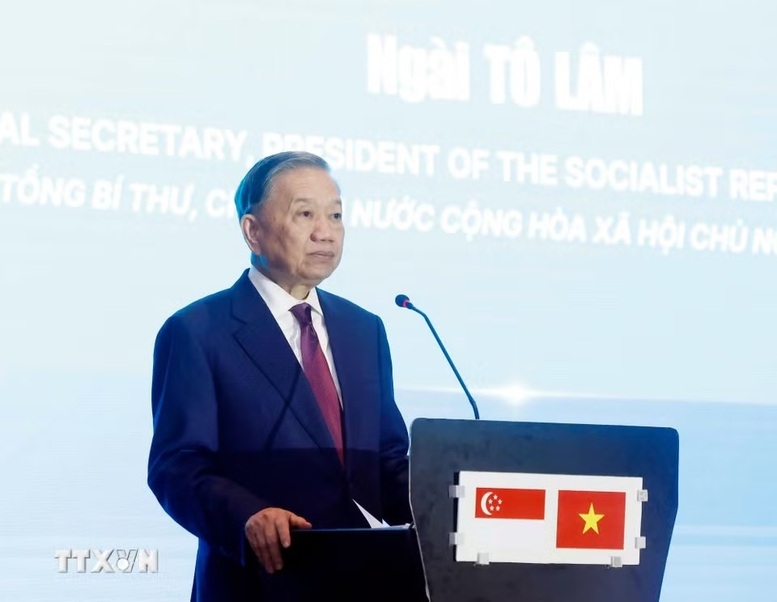 Tổng Bí thư, Chủ tịch nước Tô Lâm phát biểu tại Diễn đàn Kết nối công nghệ Việt Nam-Singapore - Ảnh: TTXVN