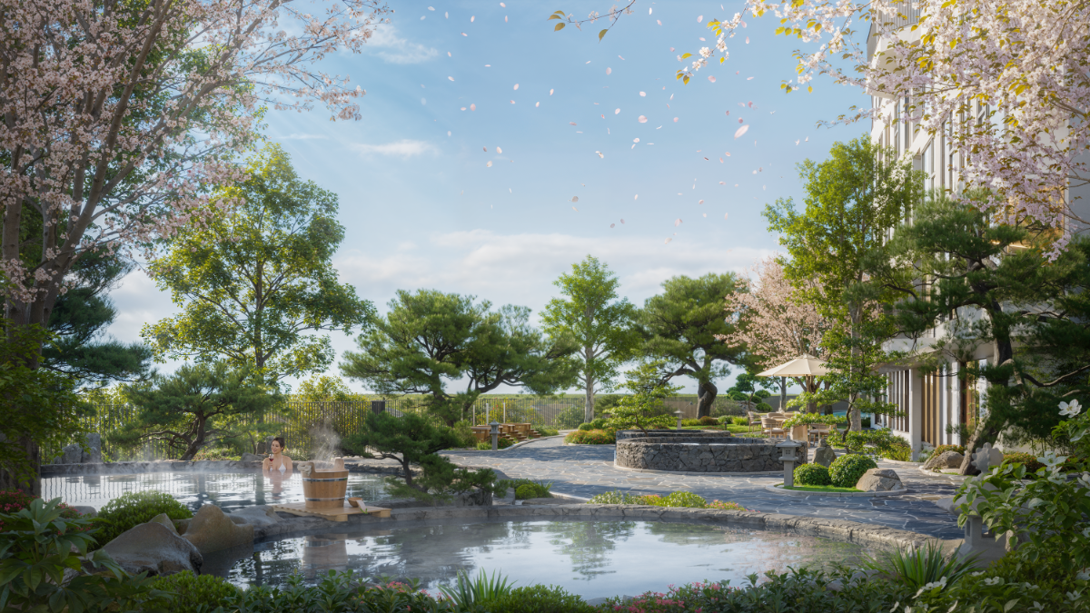 Phối cảnh bể tắm khoáng ngoài trời tại Forest Onsen. Ảnh dự án.