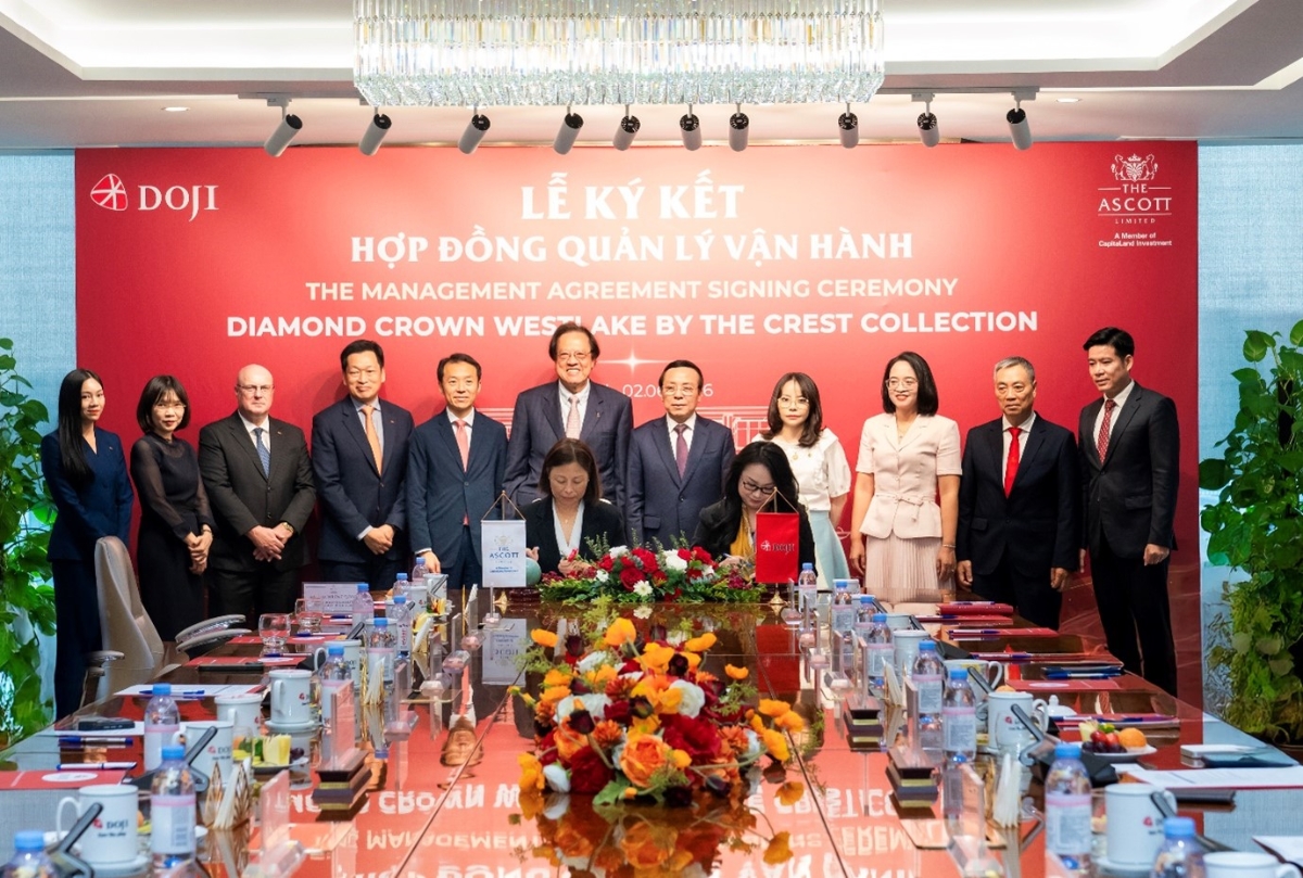 Lễ ký kết hợp đồng quản lý vận hành dự án Diamond Crown Westlake by The Crest Collection giữa Tập đoàn DOJI và Tập đoàn The Ascott Limited. Ảnh: Tập đoàn DOJI.