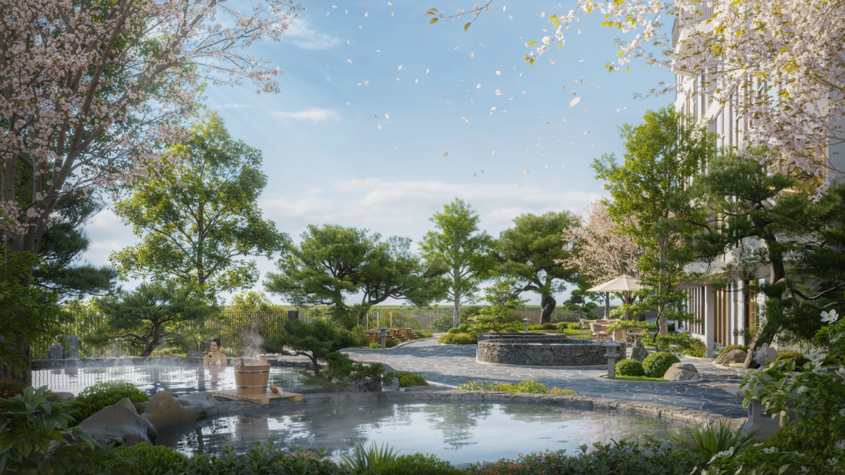 Một bể tắm khoáng ngoài trời tại Forest Onsen.&nbsp;Ảnh dự án.