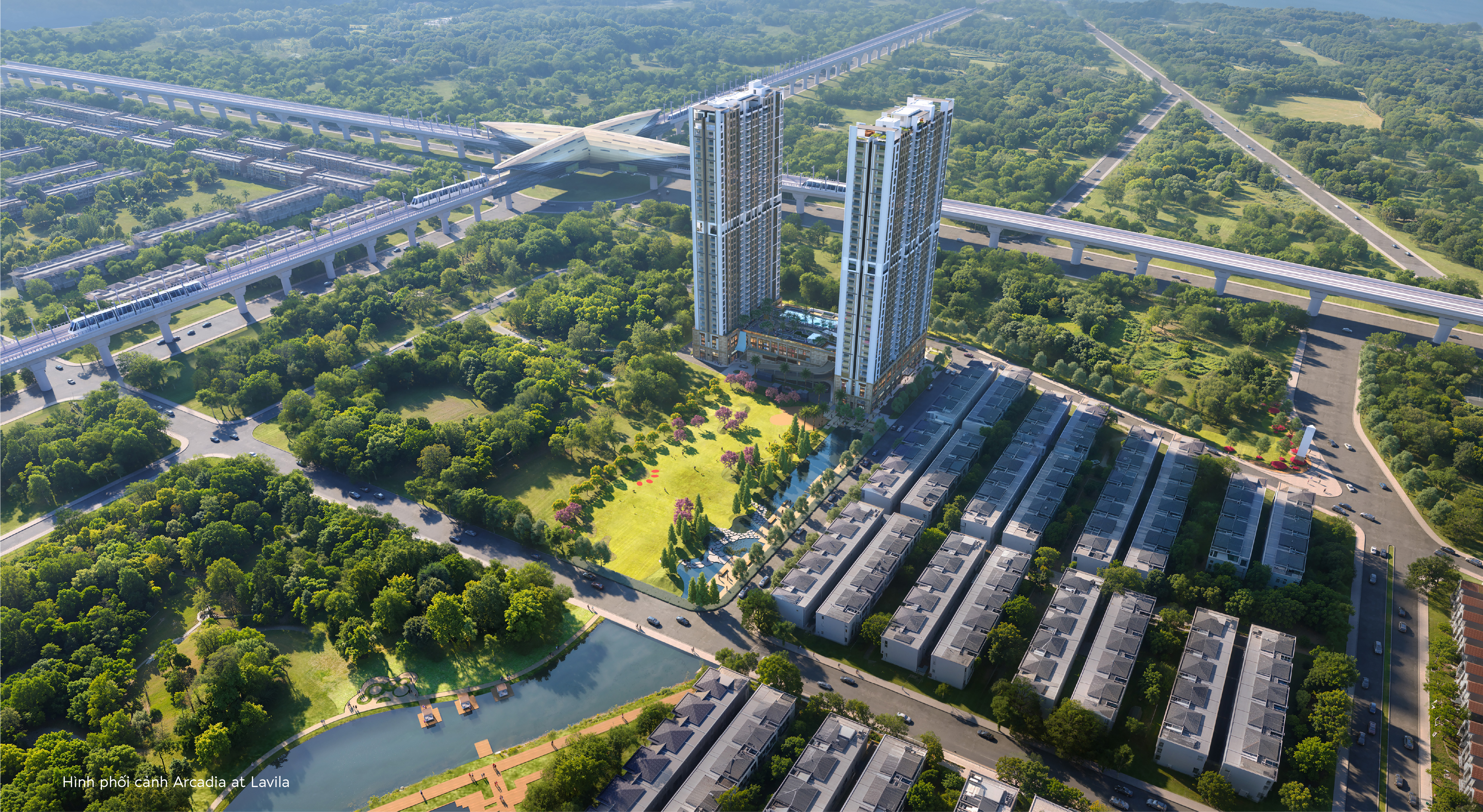 Hình phối cảnh Arcadia at Lavila thuộc Lavila Township, Nam Sài Gòn - điển hình của mô hình township thành hình với cộng đồng cư dân và hệ tiện ích đã vận hành.