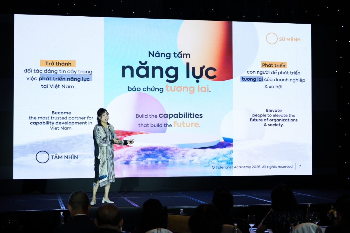 Bà Tiêu Yến Trinh, Nhà sáng lập và Tổng giám đốc Talentnet chính thức công bố Talentnet Academy phiên bản mới cùng hệ sinh thái giải pháp dành cho doanh nghiệp Việt Nam. Ảnh: Talentnet Academy.