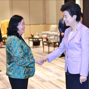 Bà Hàm Huy, Phó Chủ tịch Chính hiệp Toàn quốc Trung Quốc chào xã giao bà Bùi Thị Minh Hoài, Ủy viên Bộ Chính trị, Bí thư Trung ương Đảng, Chủ tịch Ủy ban Trung ương Mặt trận Tổ quốc Việt Nam. Ảnh: TTXVN.