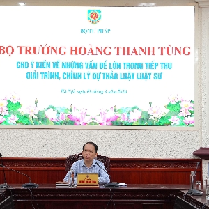 Bộ trưởng Bộ Tư pháp Hoàng Thanh Tùng chủ trì cuộc họp. Ảnh: MOJ.