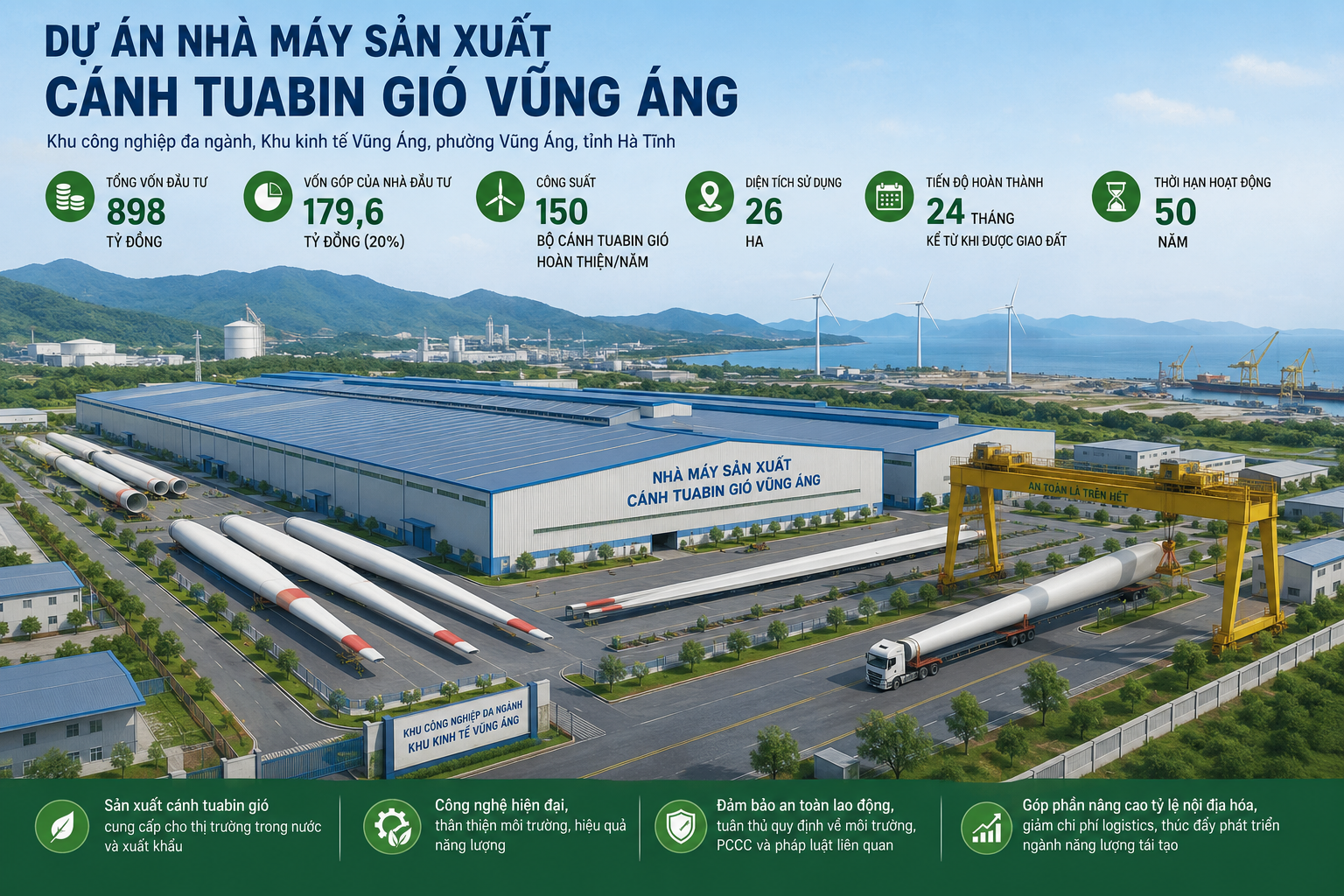 Việc hình thành nhà máy sản xuất cánh tuabin gió ngay tại Khu kinh tế Vũng Áng được đánh giá là bước tiến quan trọng trong quá trình phát triển ngành công nghiệp năng lượng tái tạo của Hà Tĩnh. Ảnh minh hoạ
