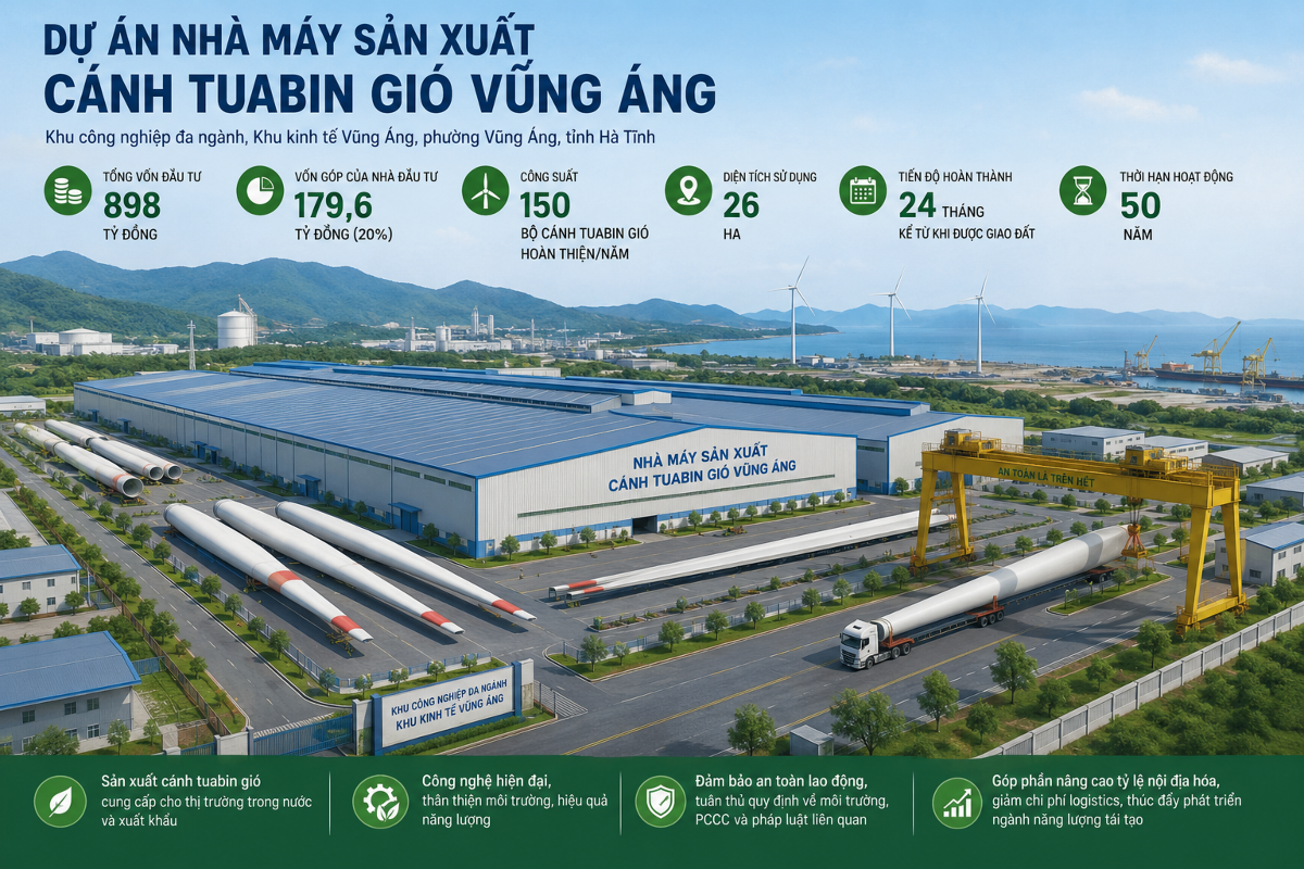 Việc hình thành nhà máy sản xuất cánh tuabin gió ngay tại Khu kinh tế Vũng Áng được đánh giá là bước tiến quan trọng trong quá trình phát triển ngành công nghiệp năng lượng tái tạo của Hà Tĩnh. Ảnh minh hoạ