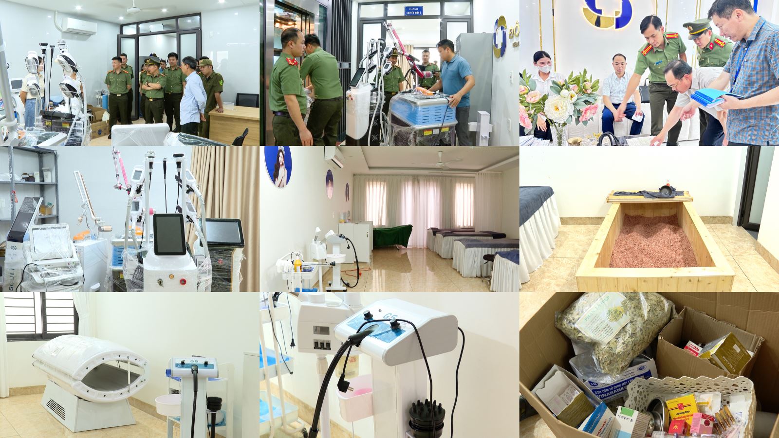 Máy móc, phương tiện các đối tượng sử dụng để điều trị, lừa dối khách hàng. Ảnh: Cổng thông tin điện tử Công an tỉnh Bắc Ninh.