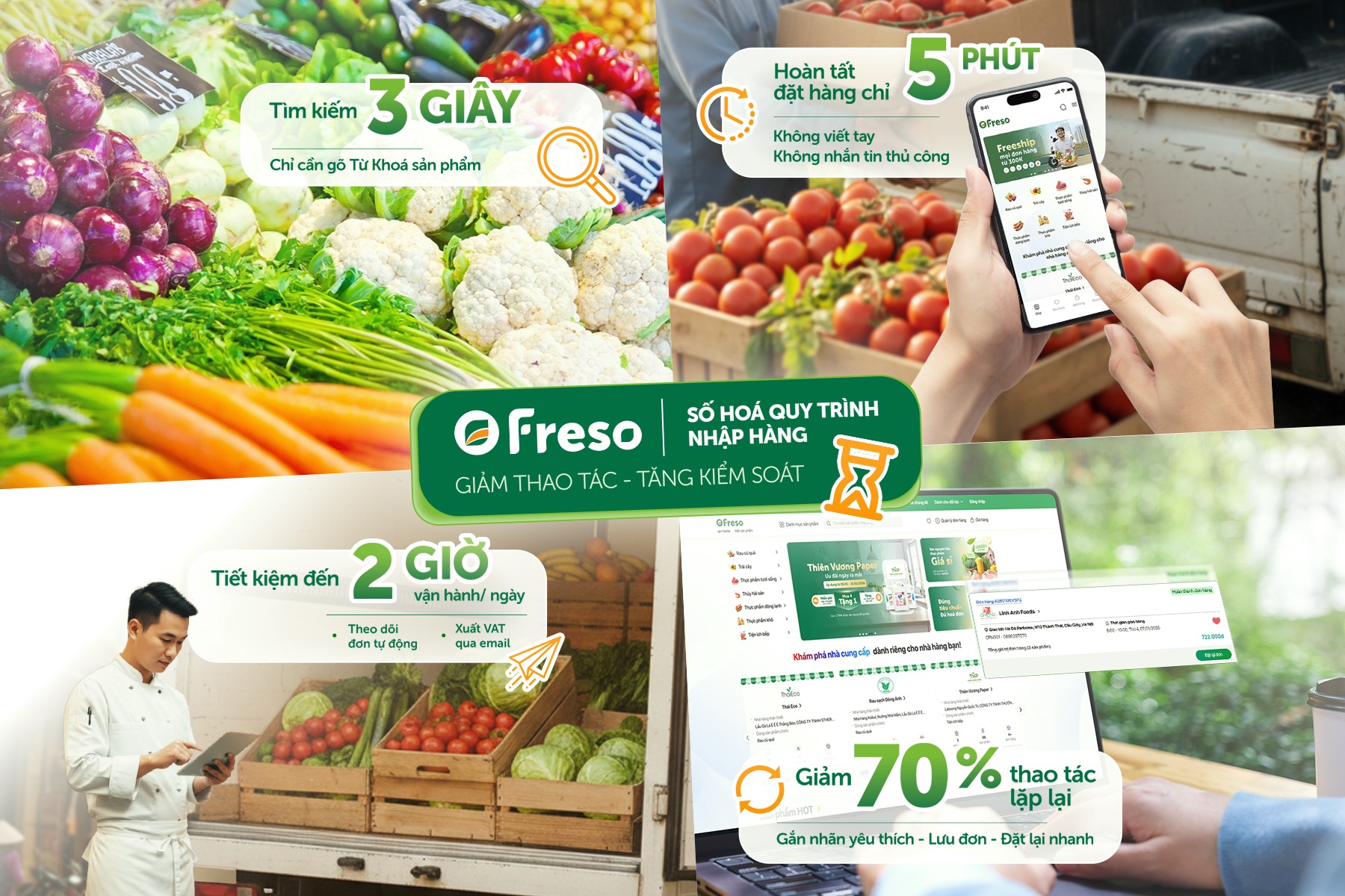 Freso số hoá toàn bộ quy trình: Từ tìm kiếm nguồn cung minh bạch, tham khảo sản phẩm, quản lý thông tin nhà cung cấp, đặt hàng và theo dõi thông tin đơn hàng, đồng thời từng bước chuẩn hóa quy trình mua bán trên môi trường số.
